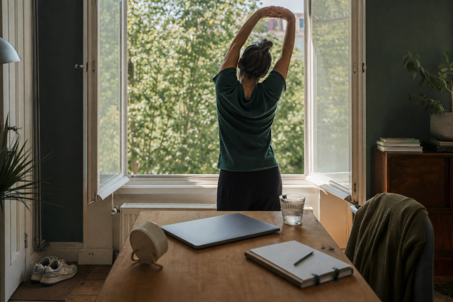 Person streckt sich am offenen Fenster hinter einem geschlossenen Laptop und einem Glas Wasser