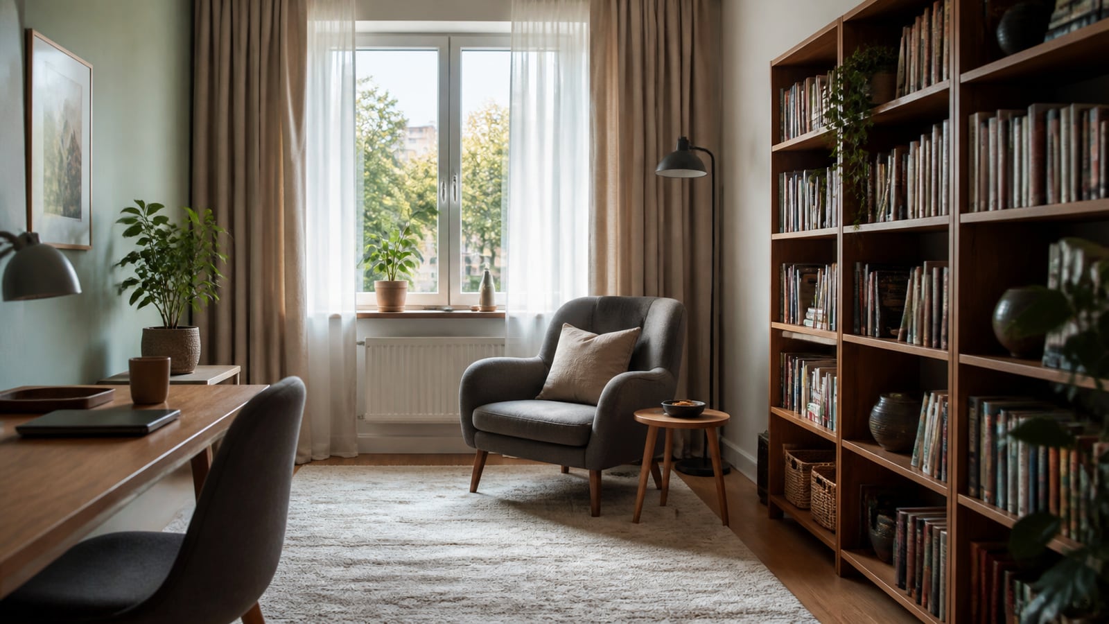 Freundliche Gäste sitzen entspannt in einem hellen Wohnzimmer